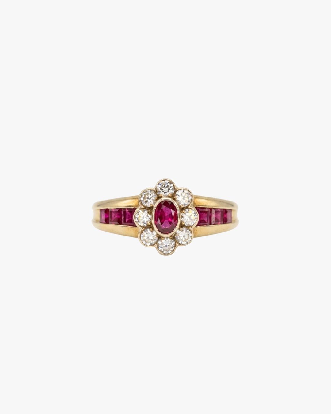 Grace vintage flower ring in 18kt yellow gold with rubies and diamonds, ÂGÉE