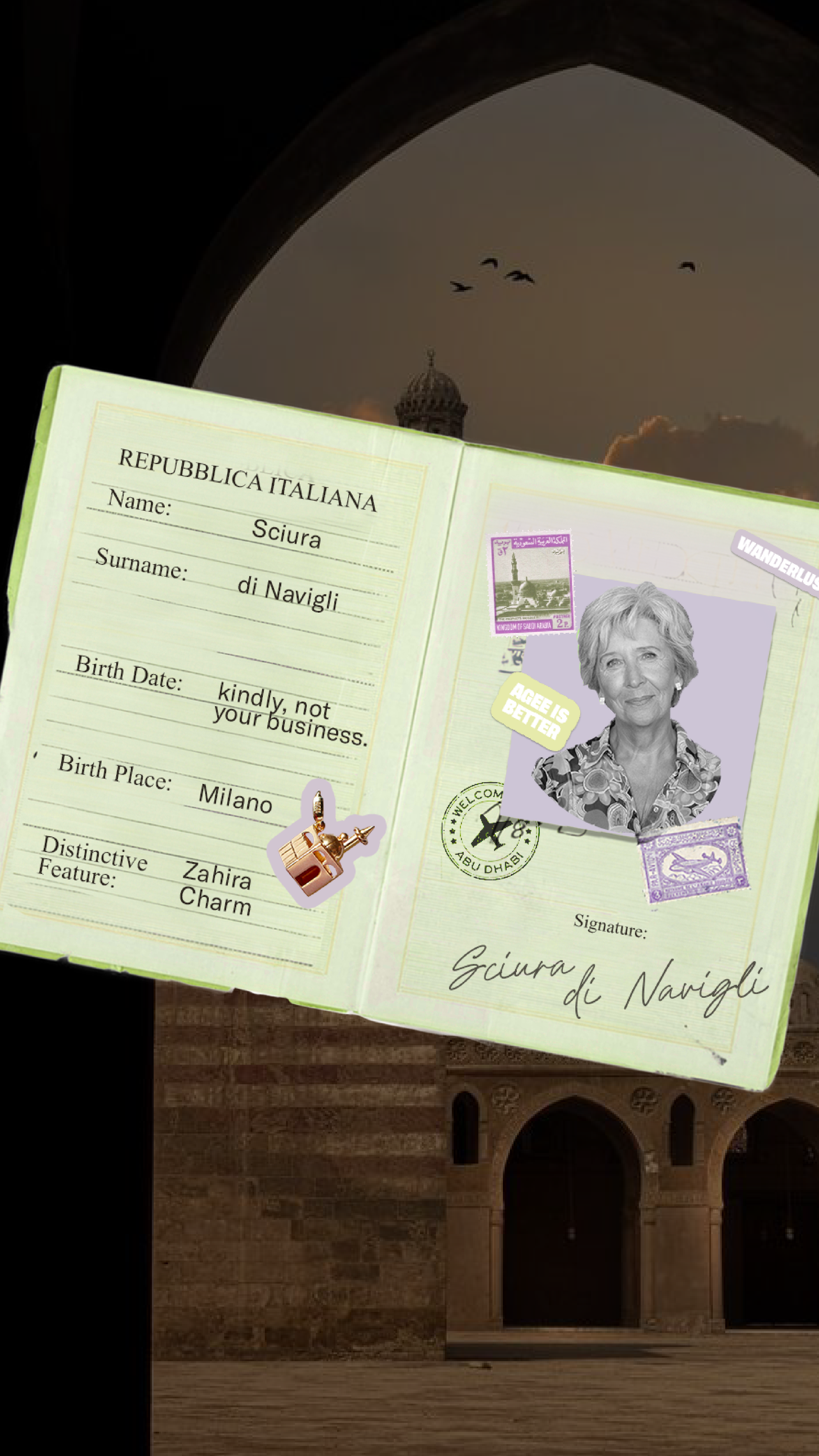 Sciura World Tour Abu Dhabi, illustrated passport with mosque, ÂGÉE