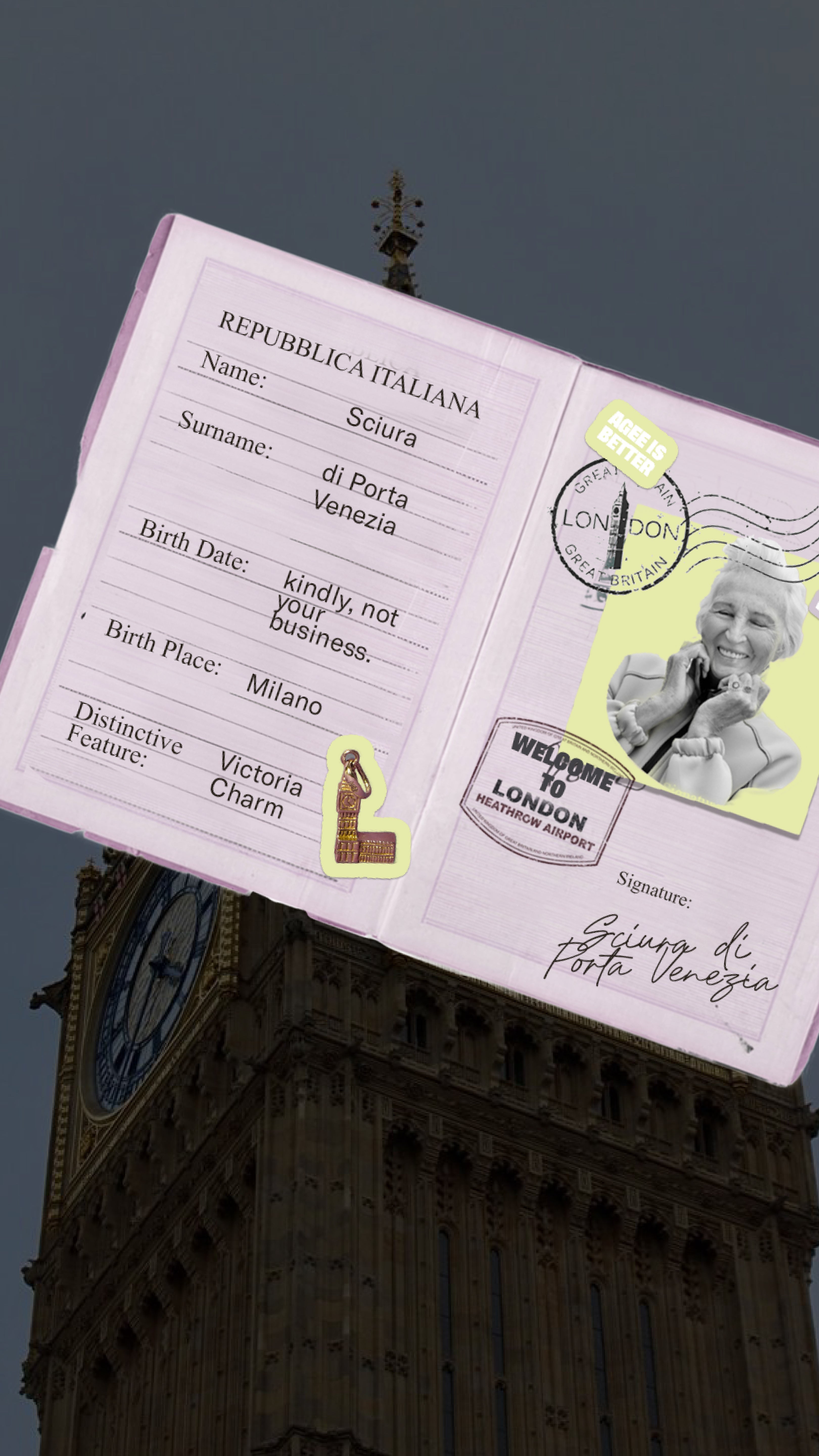 Sciura World Tour London, illustrated passport with Big Ben, ÂGÉE