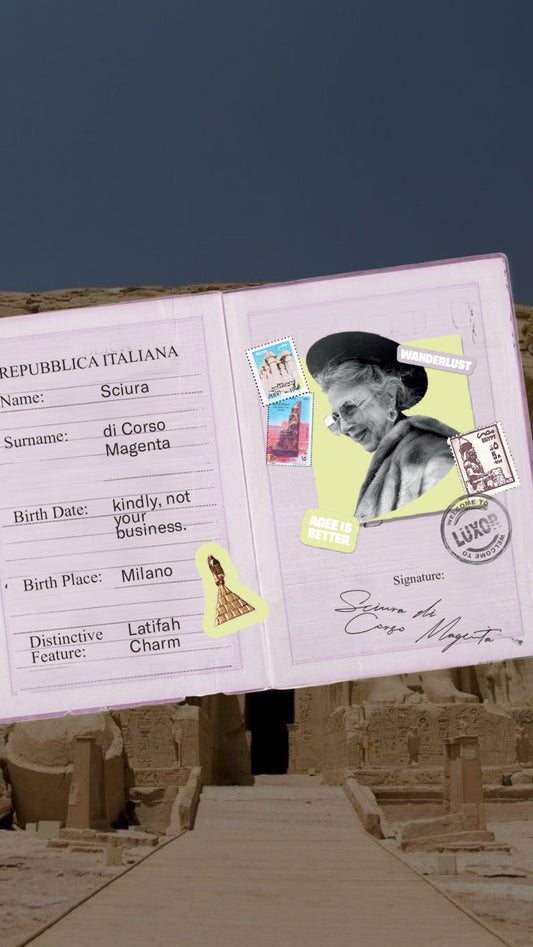 Sciura World Tour Luxor, illustrated passport with Egyptian temple, ÂGÉE