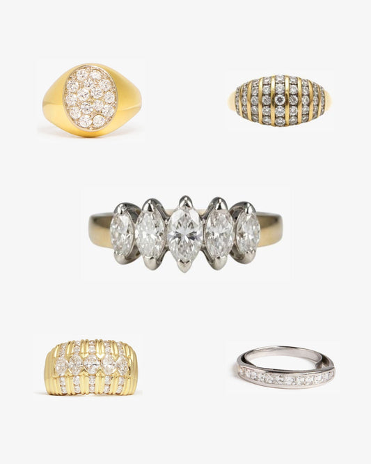Vintage diamond rings, old cut solitaires and bands, still life, ÂGÉE