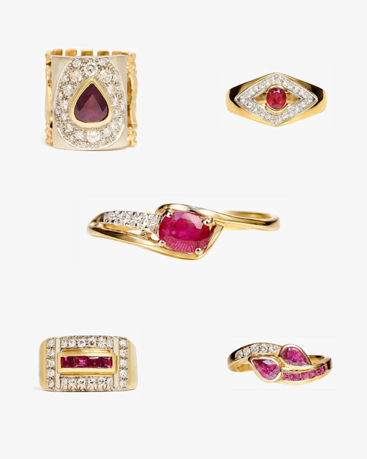 Vintage ruby and diamond engagement rings across eras, still life, ÂGÉE