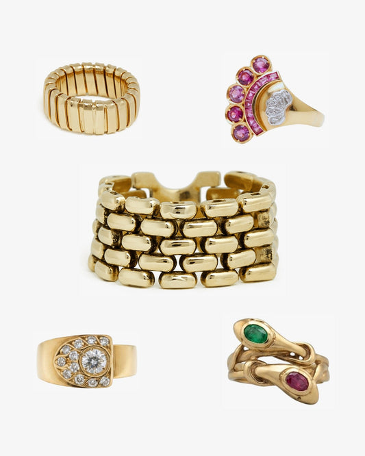 Vintage gold rings from different eras, mixed stones, still life, ÂGÉE