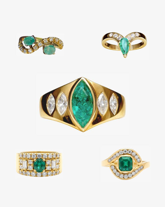Vintage emerald and gold rings, hallmark reading, still life, ÂGÉE