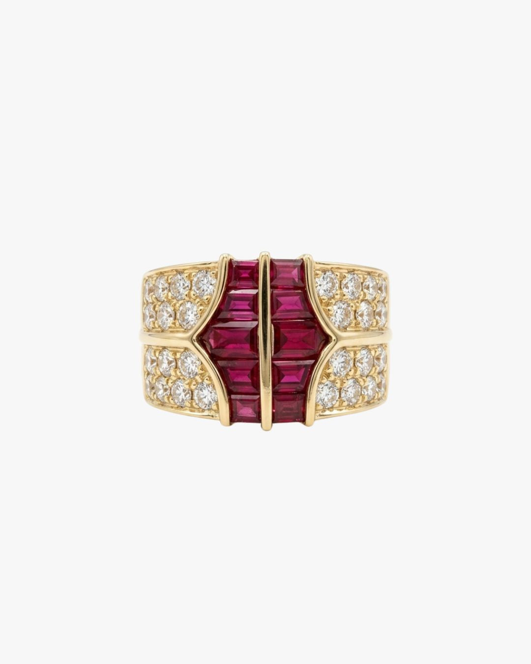 Evelyn vintage ring in 18kt yellow gold with baguette rubies and diamonds, ÂGÉE