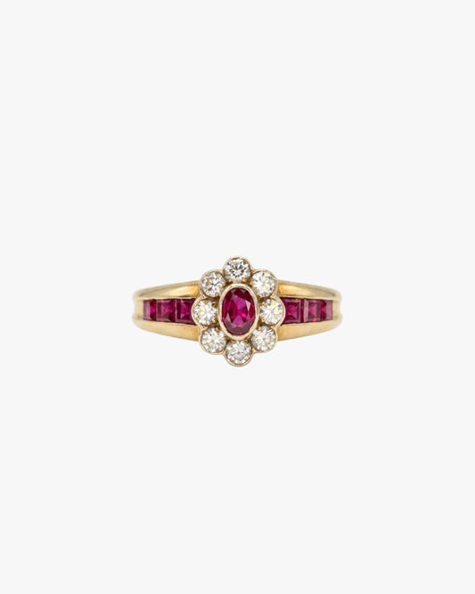 Grace vintage flower ring in 18kt yellow gold with rubies and diamonds, ÂGÉE
