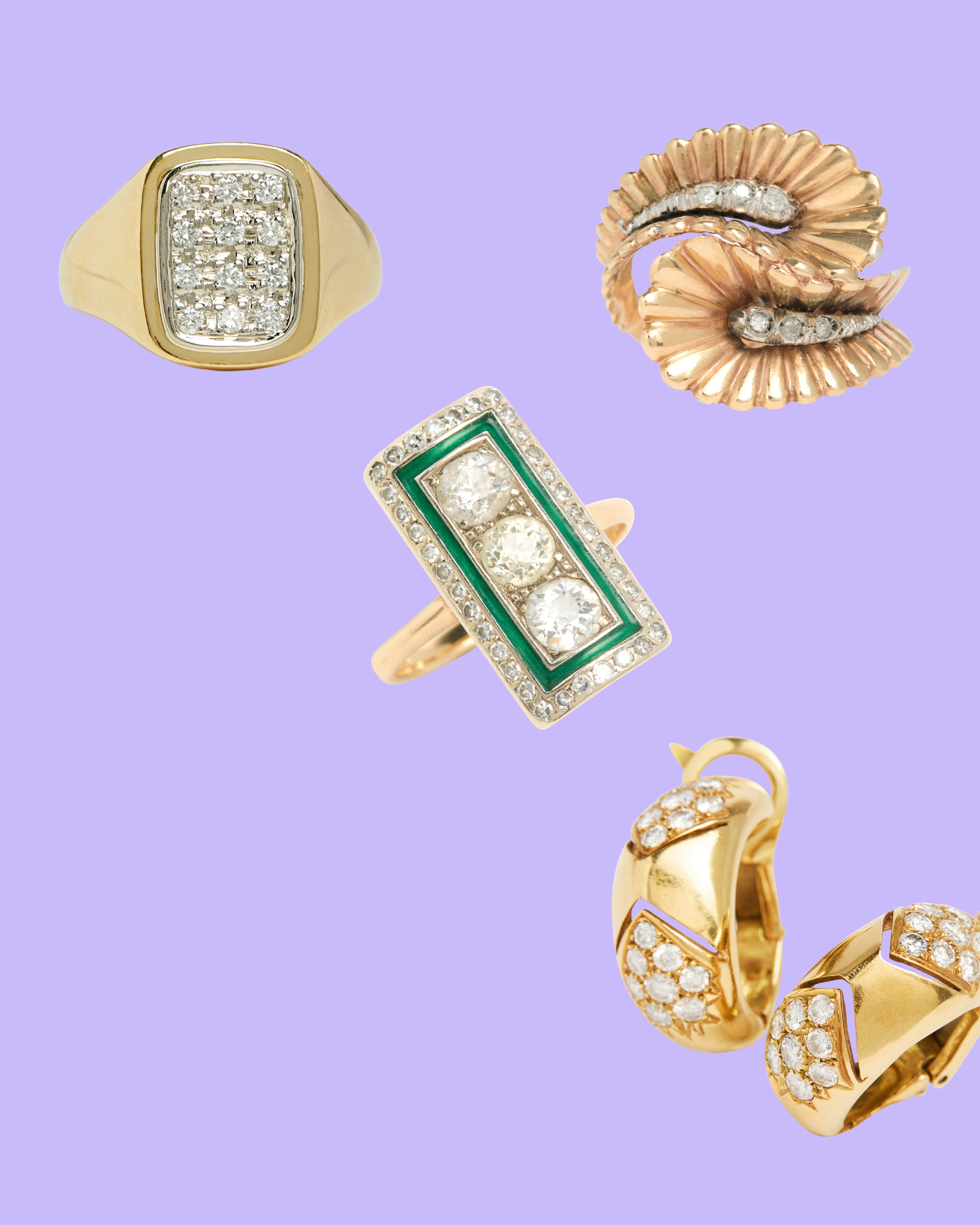 Vintage diamond and Art Déco rings still life, ÂGÉE