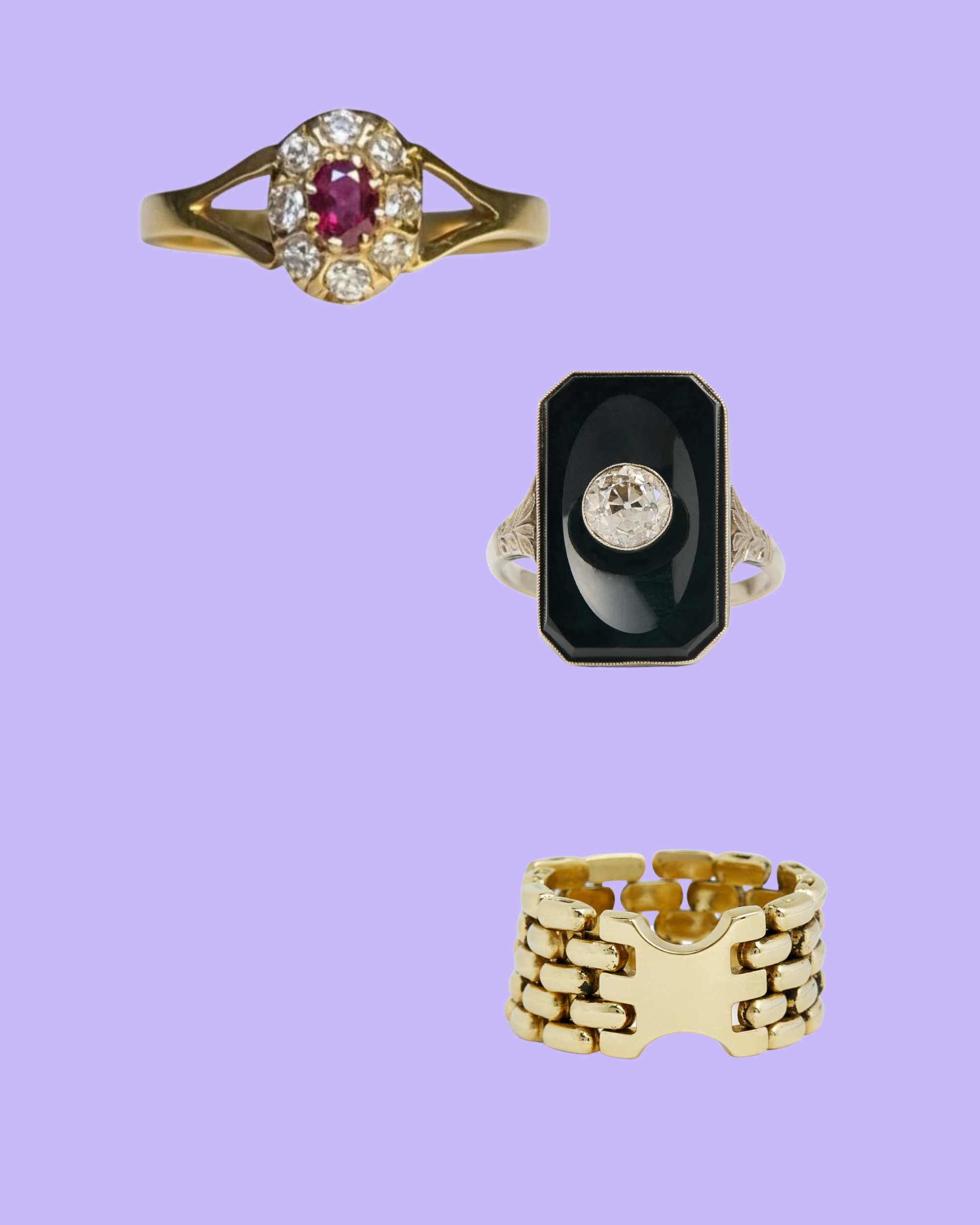 Vintage rings across eras, ruby, onyx and gold, ÂGÉE
